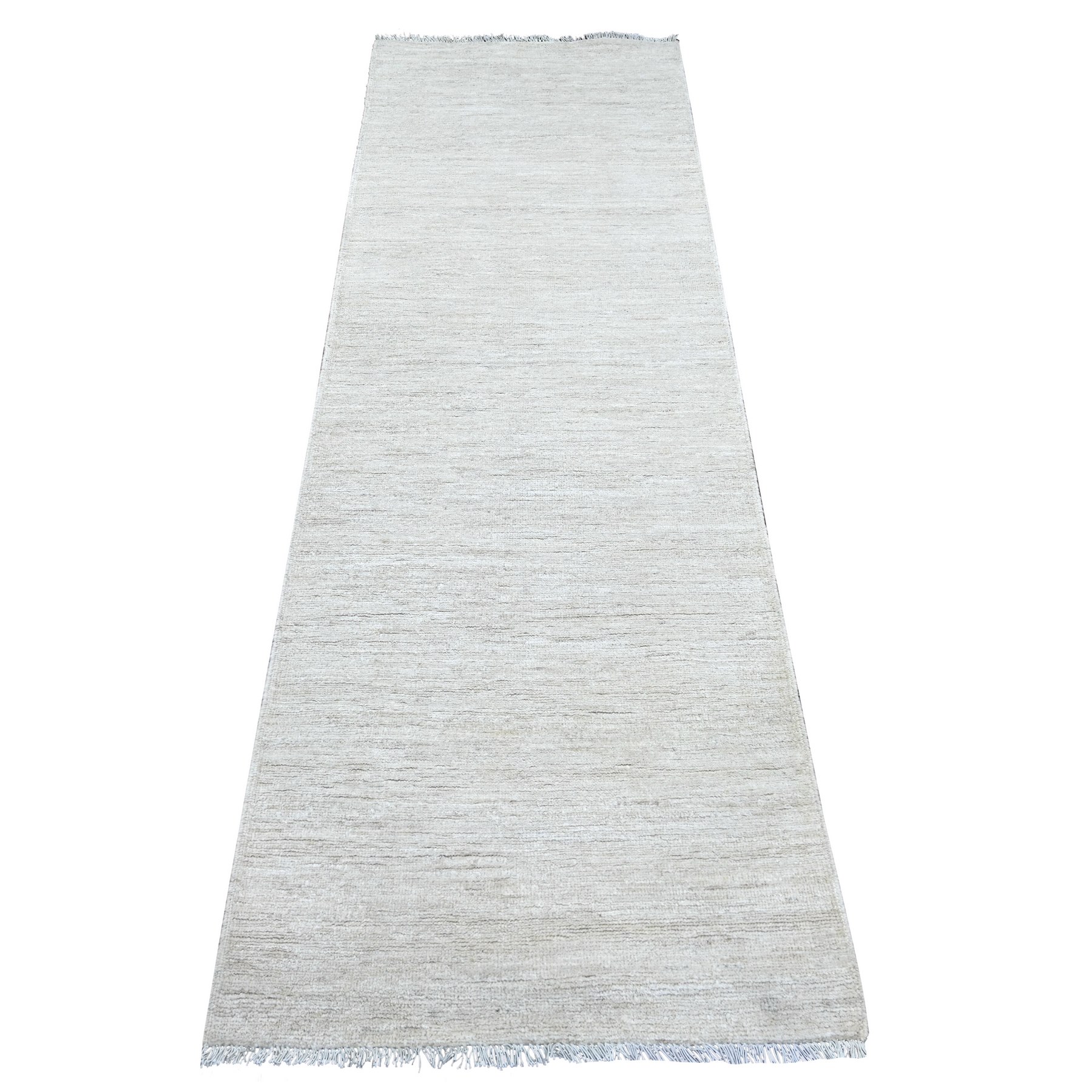 2'6"x7'6" Daisy White, Plain Solid Pattern, Hand Knotted, Hand Spun Ghazni Wool, Lush and Plush, Runner, Oriental Rug 